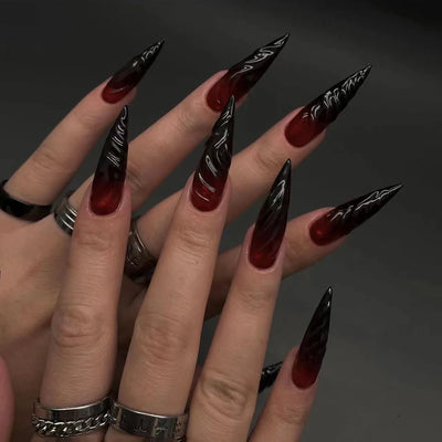 3D Rood Zwart Gradiënt Halo Verven Lange Puntige Kunstnagels Halloween Afneembare Afgewerkte Nepnagels Druk op nagels met lijm